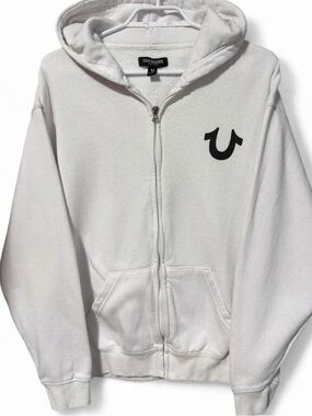 True Religion white zip up hoodie with black logo Size L